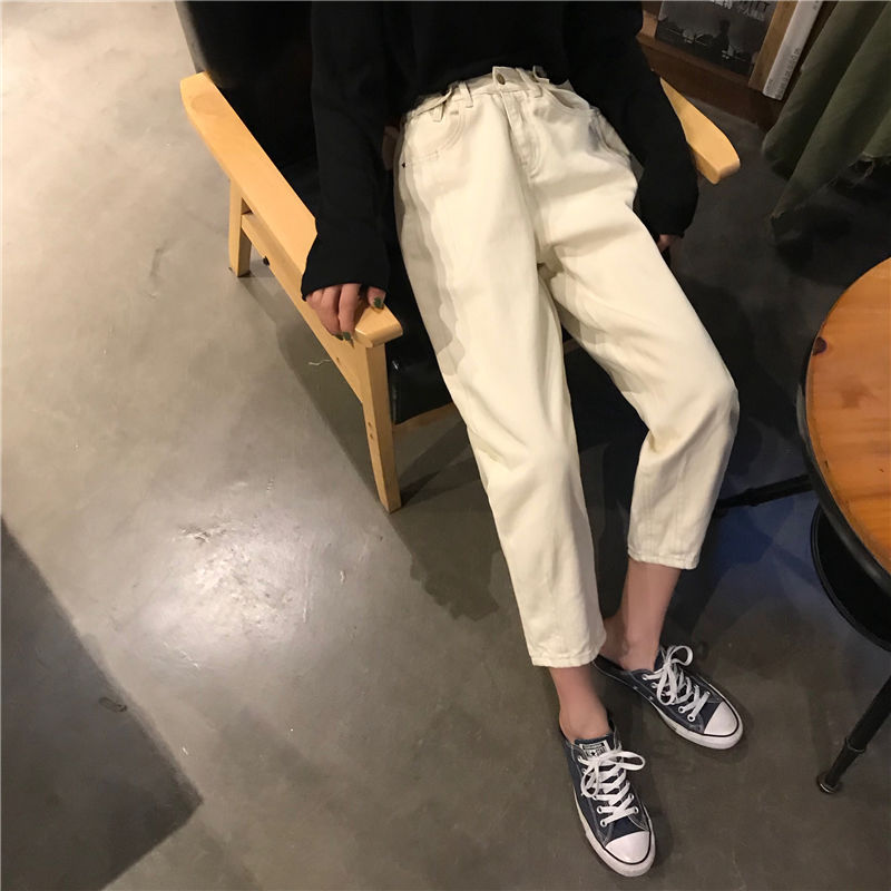 Jean femme grande taille solide taille haute Ulzzang Harajuku Style coréen Vintage a la femmes pantalon poches Simple Chic