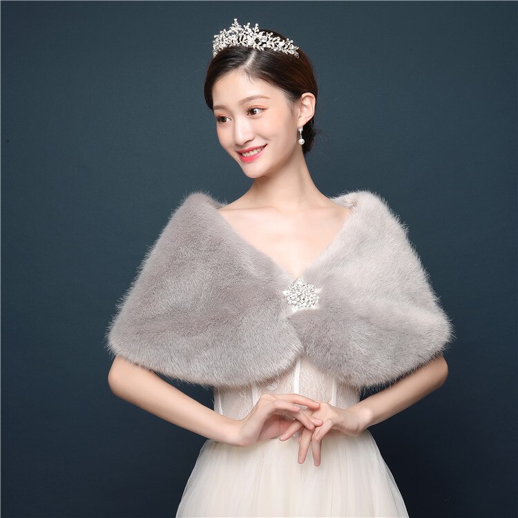 JaneVini Winter Grau Pelz Abend Bolero für Frauen Perlen Stift Braut Umhänge Stola Hochzeit Faux Fell wickeln Schal Partei Mantel Bolero