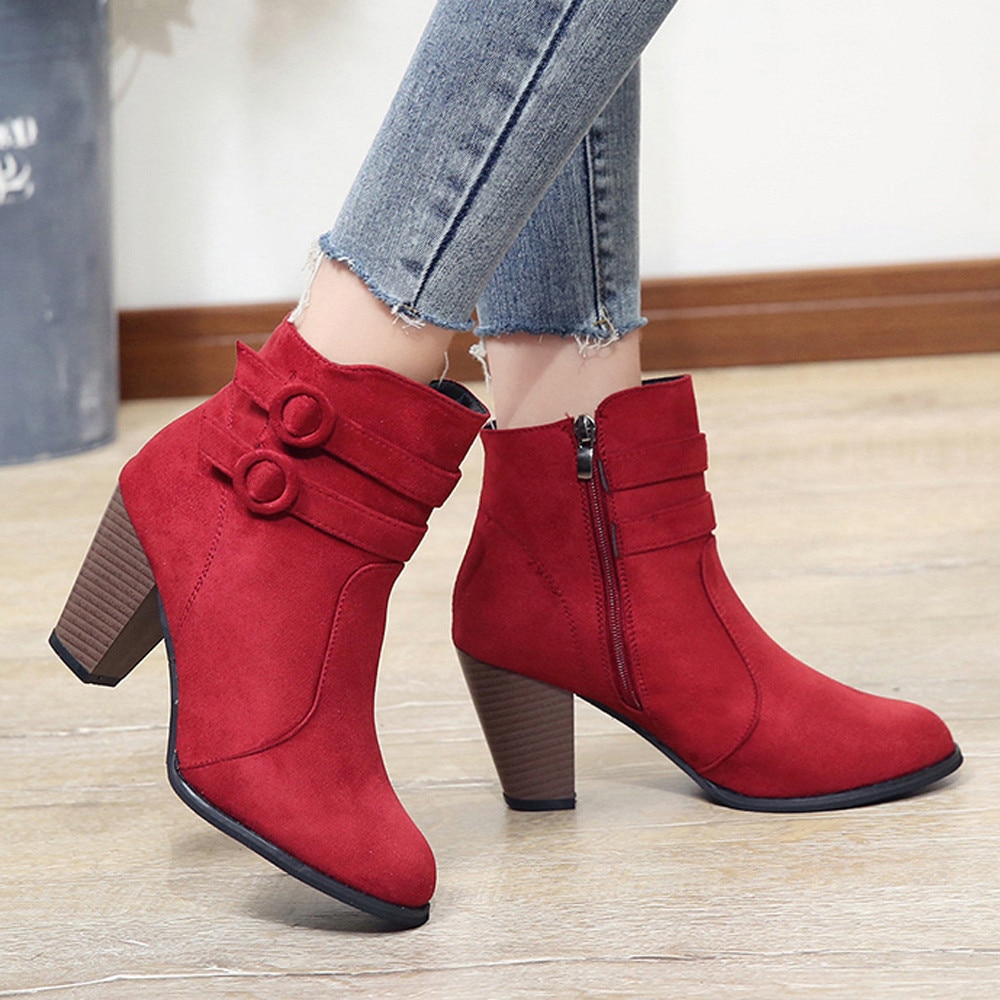 vrouwen Korte Laarzen Suede Winter Ridder Boot Gesp Mode Hoge Hak Enkel Schoenen Puntschoen Warm Bont etnische Botas