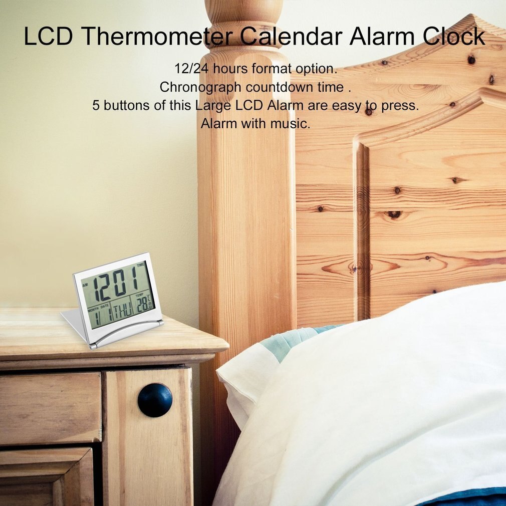 Alarme numérique avec affichage de la date, de l'heure et de la température, mini couverture de thermomètre de bureau pliable, minuterie numérique LCD, compte à rebours