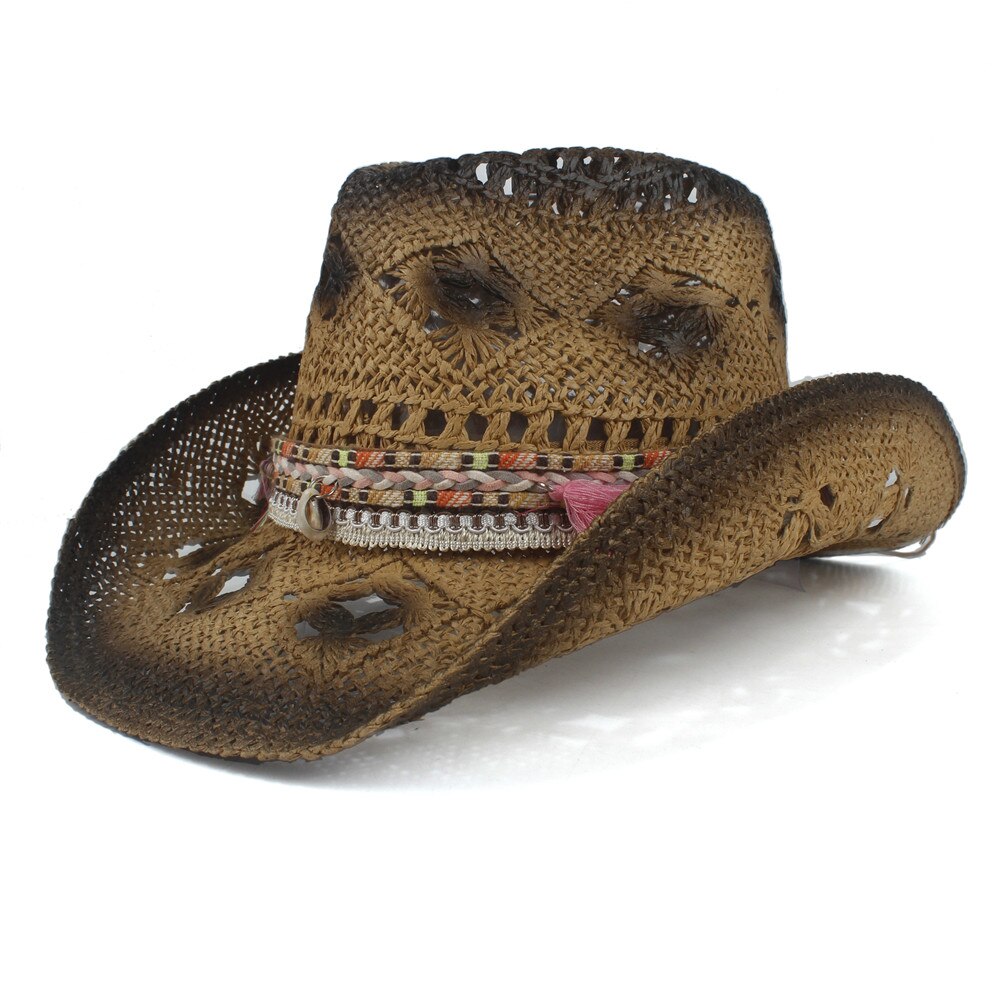 sommer Frauen Stroh Hohl Western Cowboy Hütte Dame Handgemachte Quaste Sombrero hombre Strand Cowgirl Sonne Hütte Größe 56 -58 CM