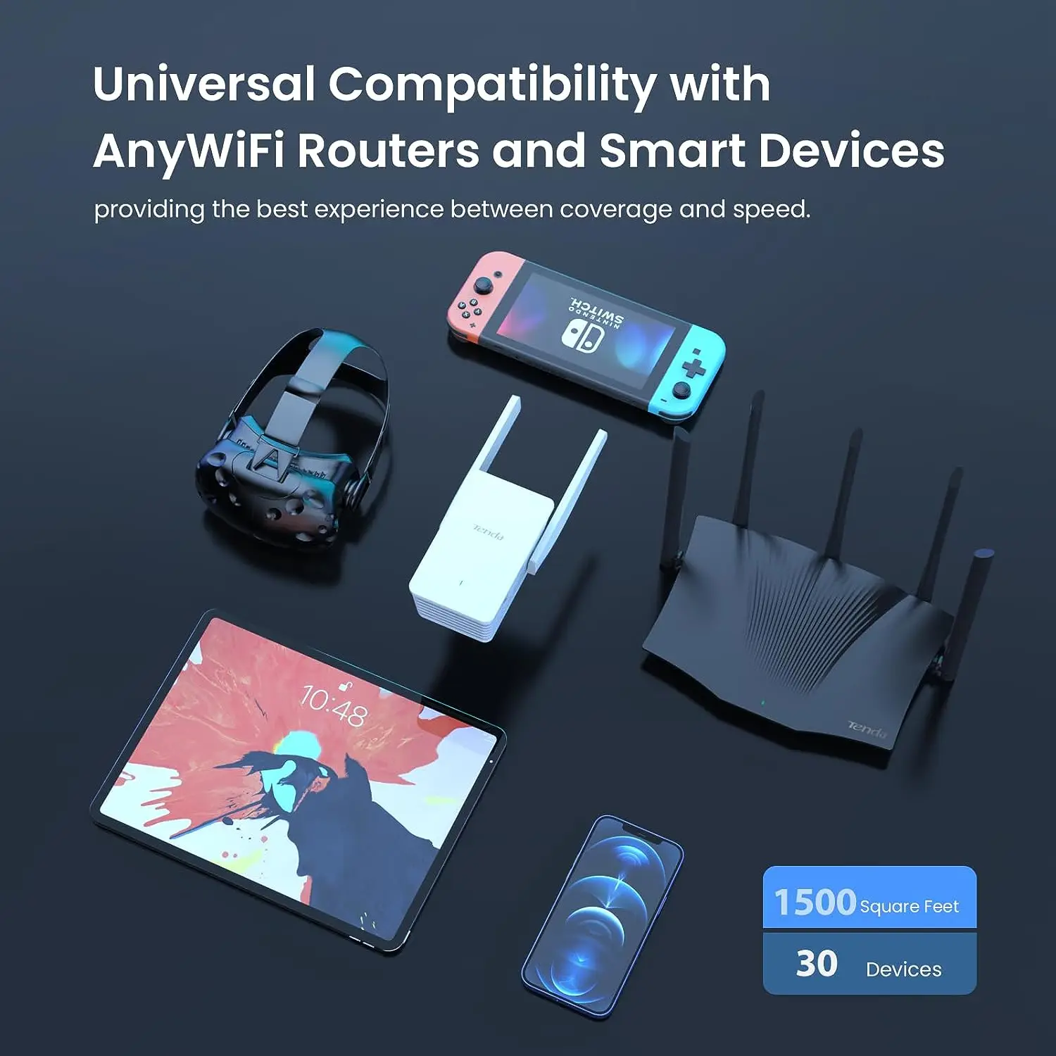 Tenda AX1500 WiFi 6 Extender Signal Booster Dual Band Gigabit Port Repeater Covers 1500sq.ft 30Devices AP Mode WPS Easy Setup