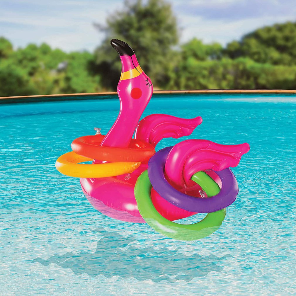 Bærbar oppustelig flamingo hovedhat med 4 stk kasteringe vandspil til familiefest pink pvc materiale pools &amp; sjovt legetøj