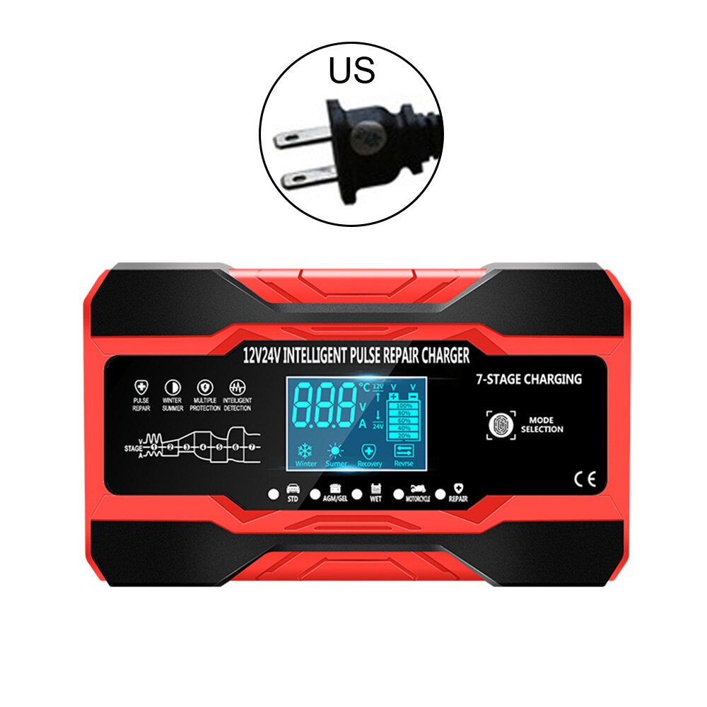 Chargeur de réparation d'impulsions de voiture 12V/5A 24V/10A, avec écran LCD, pour batterie de moto, automatique, intelligent, en 7 étapes, rapide: Red US