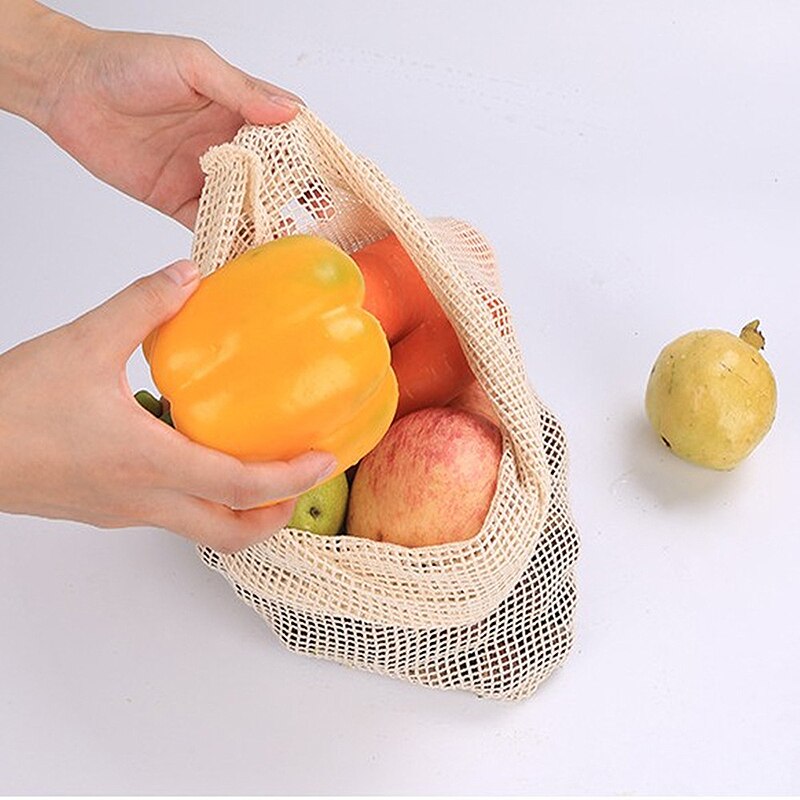 Reusable Vegetable Fruit Produce storage bag with Drawstring Home Vegetable Cotton Mesh Bags