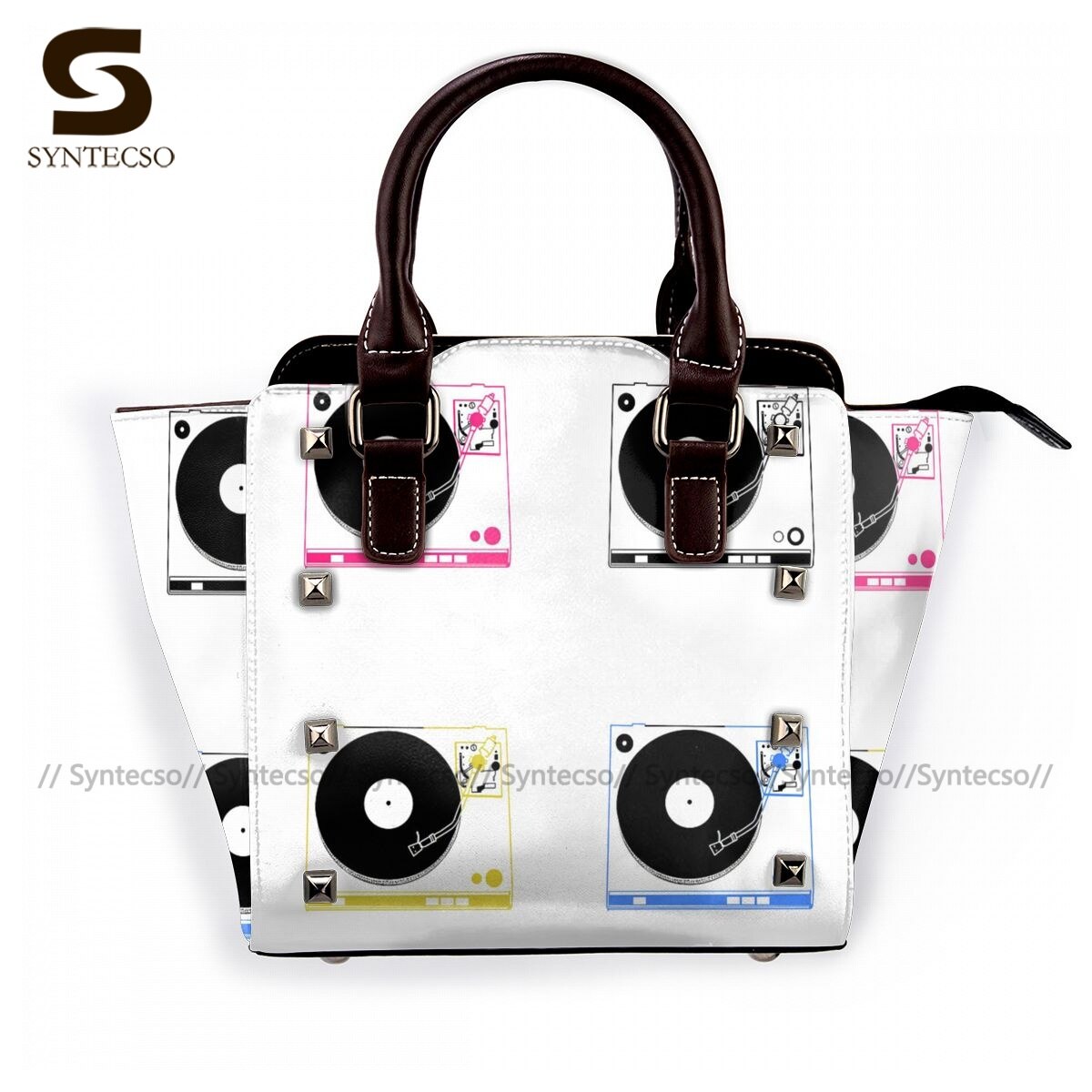 Dj-plattenspieler-schultertasche, damenhandtasche, retro-leder-arbeitstaschen: 1
