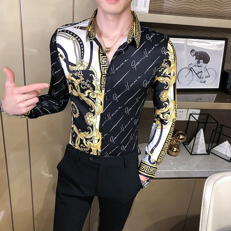 Mann svarte skjorter luksus herre hvit slank passe kjole skjorte langermet årgang printd sosial skjorte uformelt chemise homme: Svart / Asiatisk xl