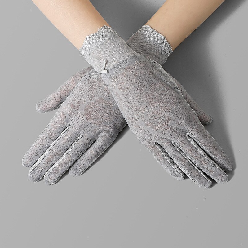 Gants d&#39;été fins en soie glacée pour femmes, dentelle Sexy, écran tactile, protection solaire, gants Anti-UV, antidérapants, fleurs délicates respirantes