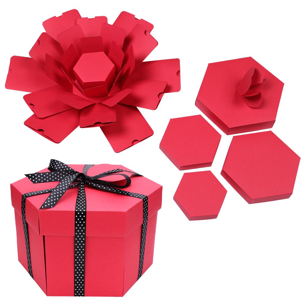 DIY Photo Album Box Hexagonal Folding Scrapbooking Photo Albums Memory Box for Birthday Valentine's Day Wedding: Red