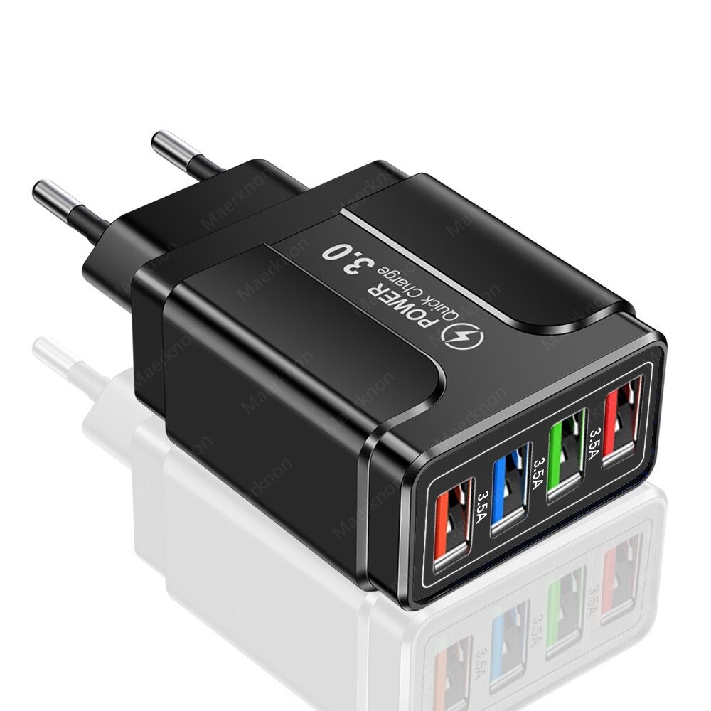 5.1A Quick Charge 4 Ports Universal Fast Charging EU US Plug Power Adapter For Samsung S10 iPhone12 Tablet Mobile Phone Charger: Bkack EU