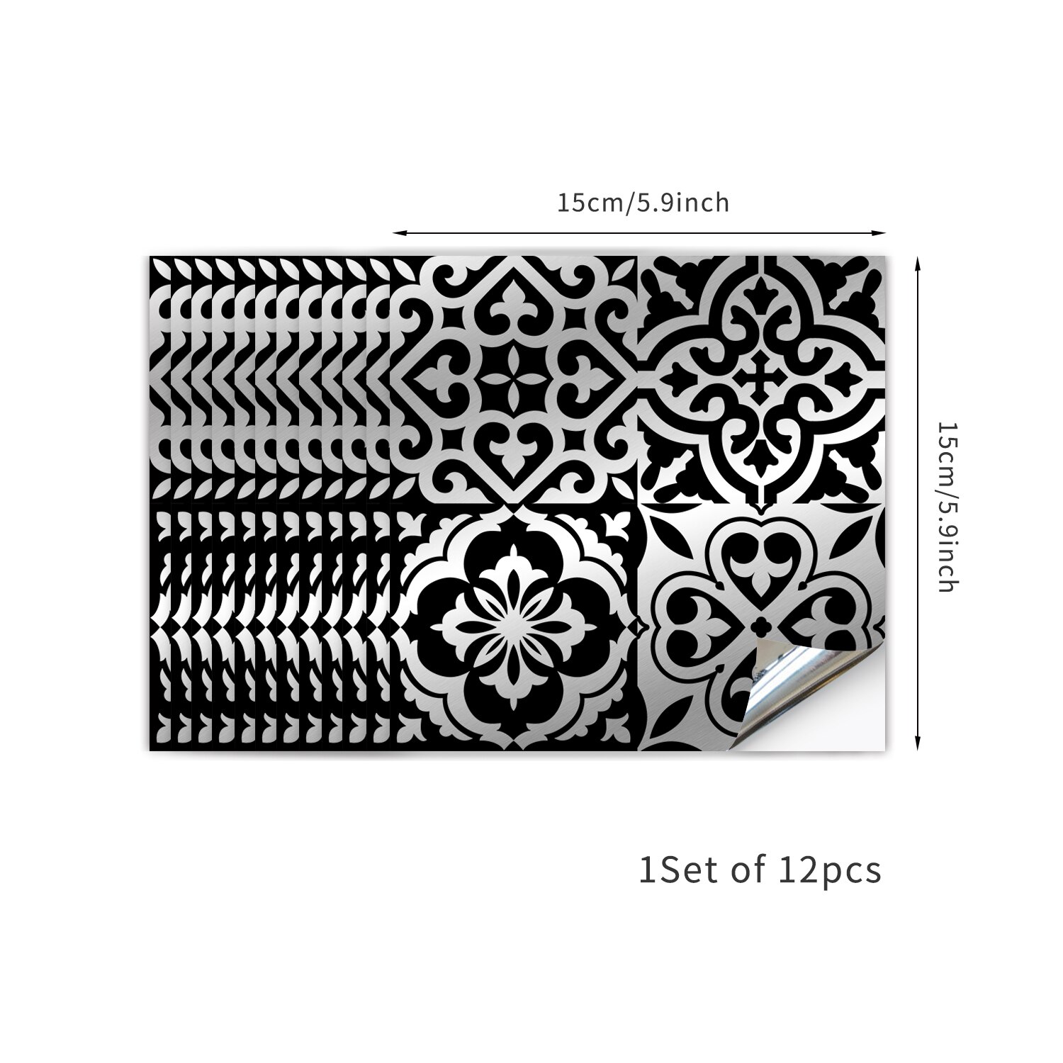 12Pcs Marokkaanse Metalen Wind Knipperende Keramische Tegel Met Silver Chrome Materiaal Keuken Badkamer Zelfklevende Woondecoratie: Black