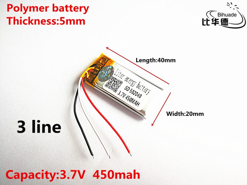 10 stück/lot, 3 -poliger, hochwertiger 3.7v,450- mah ,502040 polymer-lithium-ionen-akku (li-ion) für spielzeug, powerbank, gps ,mp3,mp4 gerät