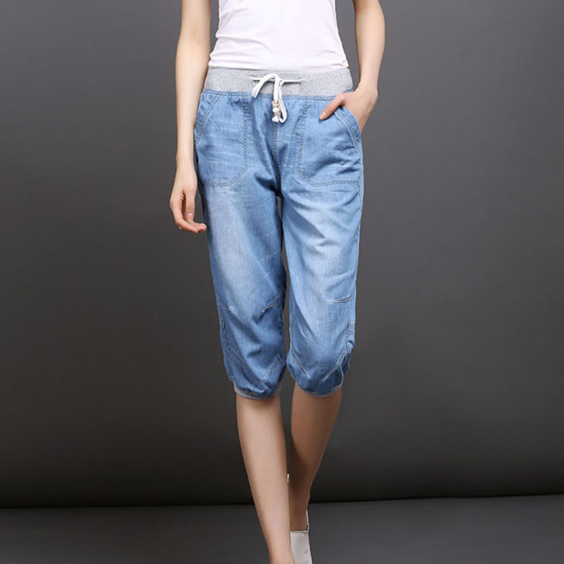 Plus size jeans kvinna mellan midja kvinnor haremsbyxor sommar femme lätt tvättad lös bomull vadlånga byxor 3xl 4xl
