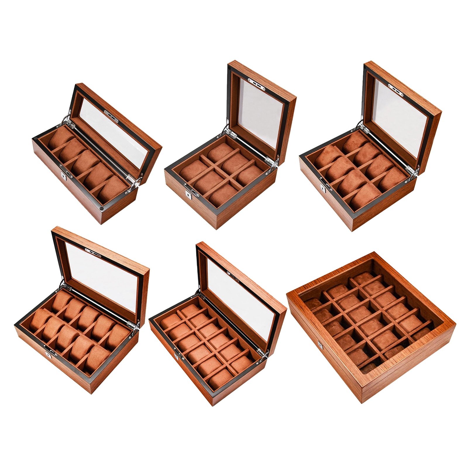 Multi Slot Wood Box Watch Display Case Glass Top Jewelry Storage Organizer