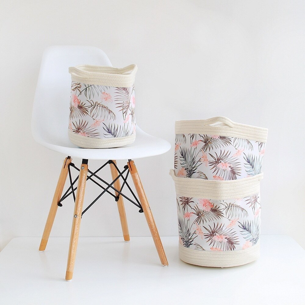 Nordic Green / Grey Leaf Cotton Rope Storage Basket Tropical Flowers Woven Finish Baskets Foldable Sundries Organizer Bucket
