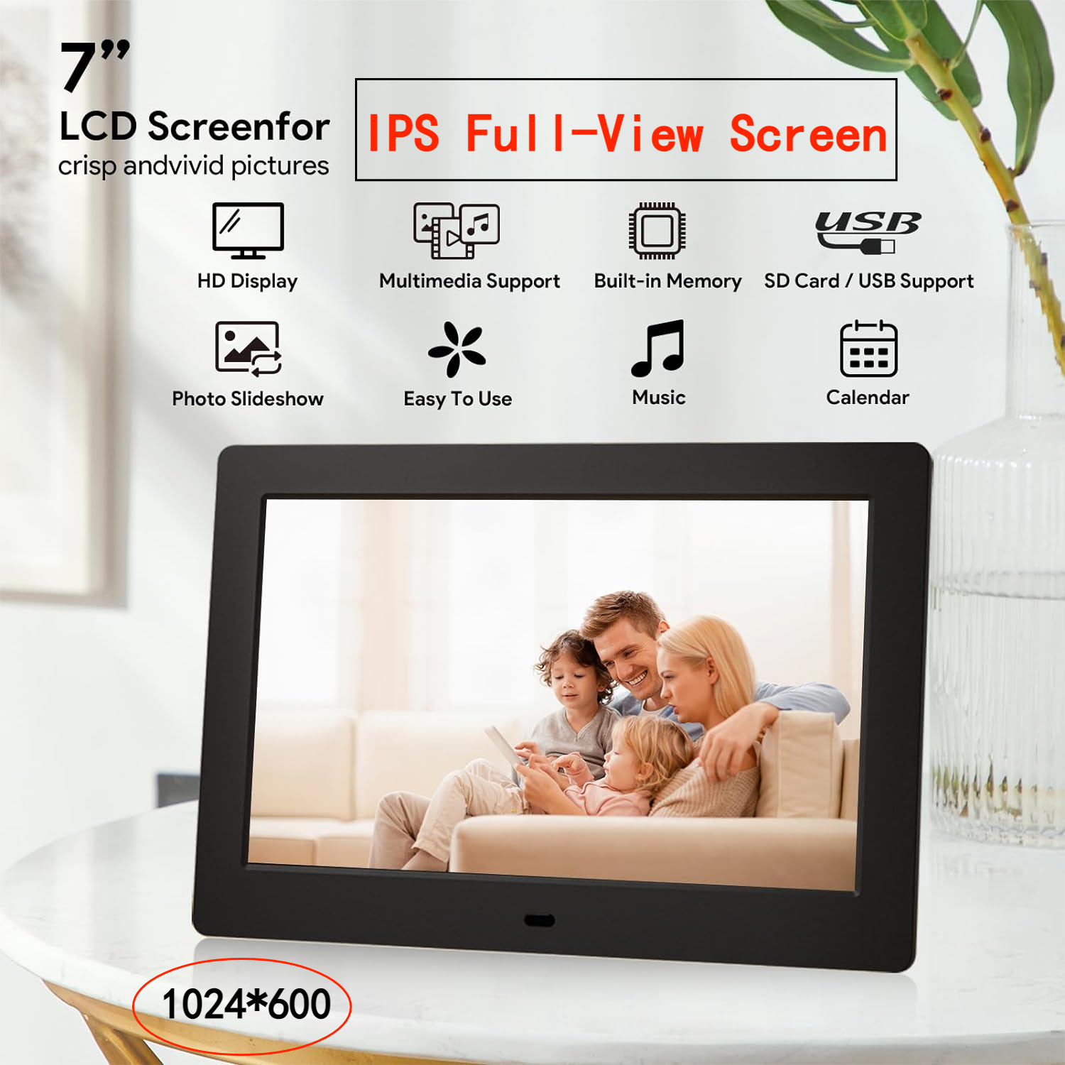 7 Polegada hd ips moldura de foto digital de visão completa com controle remoto, usando usb ou sd para jogar fotos/vídeos/música, para presente da mãe