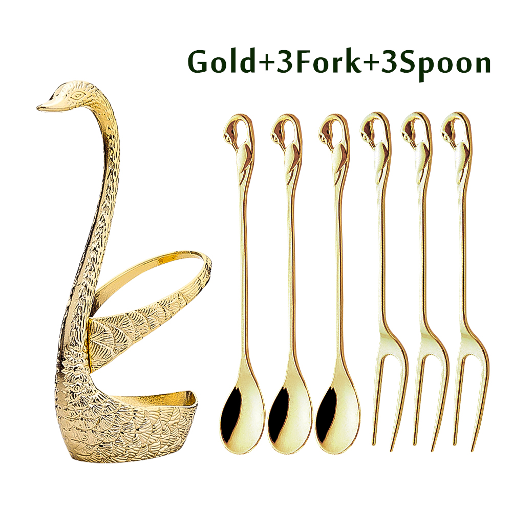 7Pcs Swan Fruit Base Holder Forks Set Stainless Steel Salad Dessert Forks Coffee Spoon Cake Tableware Zero Waste Talher Flatware: A