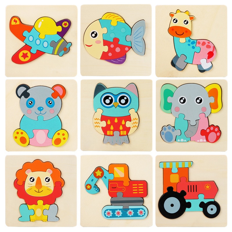 Kids Montessori Houten Speelgoed Cartoon Dier Verkeer 3D Puzzel Blokken Kid Leren Speelgoed Baby Kleurrijke Houten Onderwijs Speelgoed