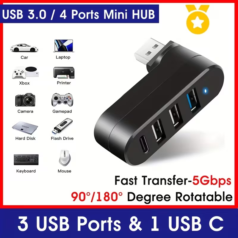 4-poorts USB 3.0-hub [90 ° , 180 ° Draaibare USB-splitter, 3 USB-poorten en 1 USB-C voedings-/gegevenspoort, USB-verlenger voor laptops, auto's