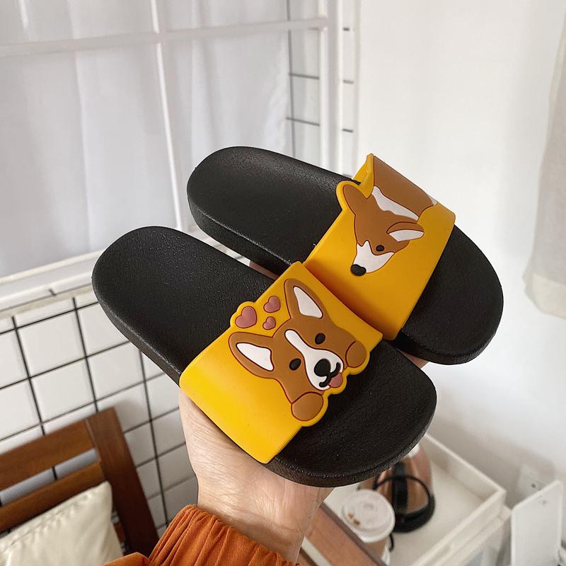 Casual Women Summer Slippers Slide Sandals Beach Slides Flip Flops Cartoon Dog Corgi Non-slip Thick Sole Women Girls Flat Shoes: black / 7