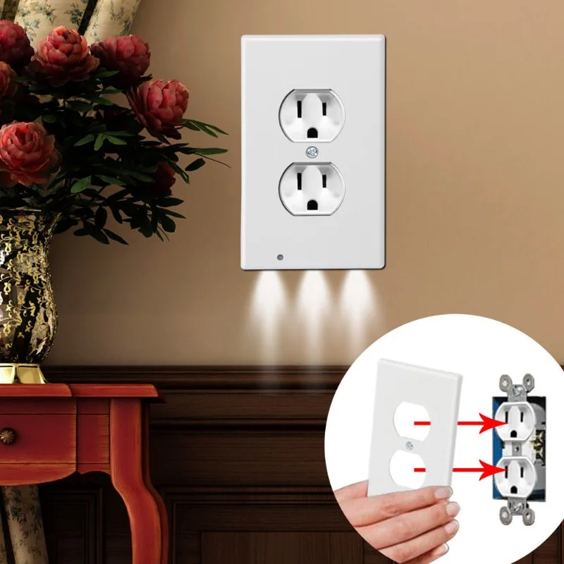Duplex Electrical Outlet Modern Plugboard Plug-In Electrical Receptacle Wall Plate With LED Night Lights - Auto On/Off Sensor