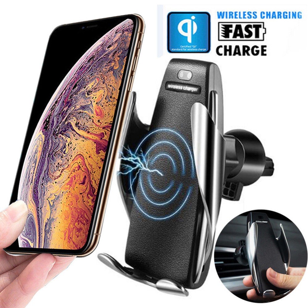 Automatic clamping car wireless charger t 360 degree rotation holder for iphone xr xs max samsung note 9 qi  s9 s8 vent holder