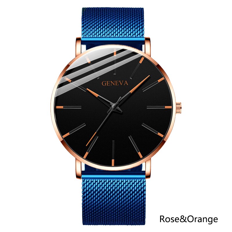 Heren ultradunne horloges minimalistische eenvoudige heren zakelijke roestvrijstalen mesh band quartz horloge relogio masculino: Blauw roos oranje