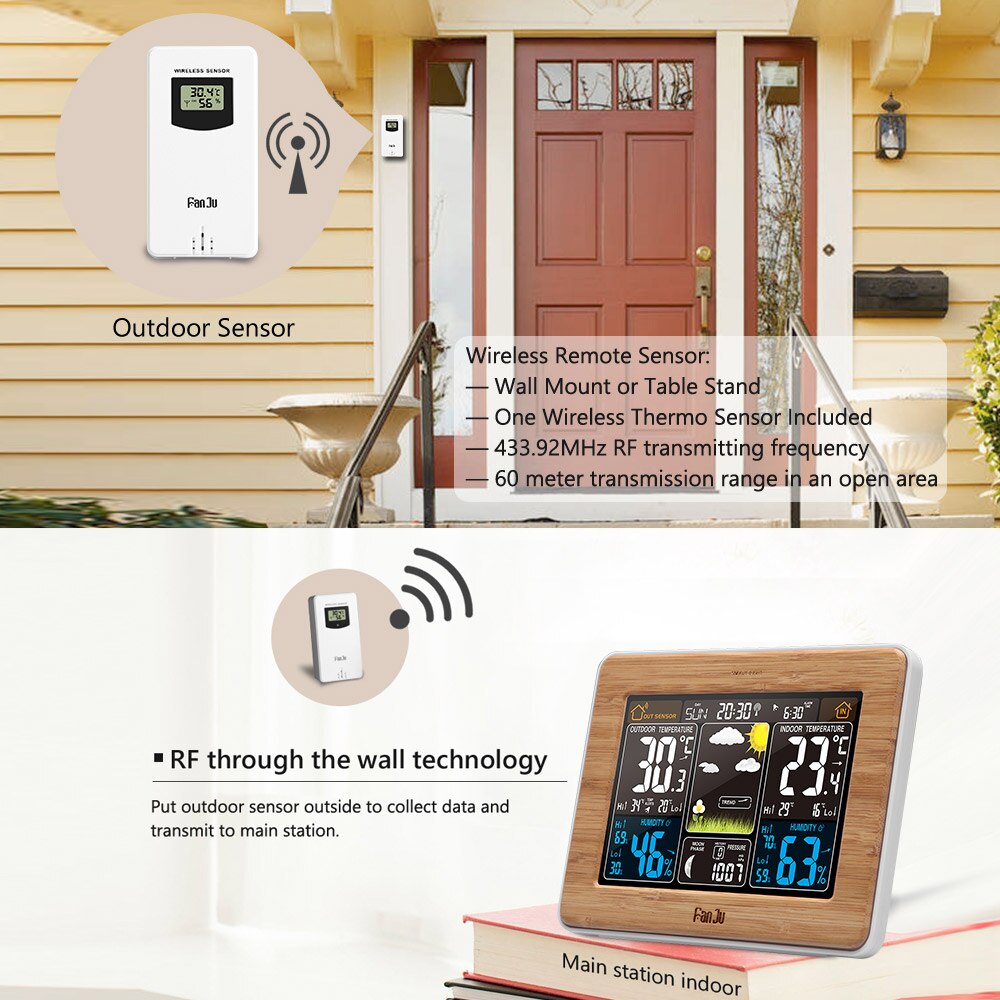 FanJu FJ3365 wewnętrzny/zewnętrzny bezprzewodowy termometr higrometr profesjonalny elektroniczny miernik temperatury i wilgotności stacja pogodowa