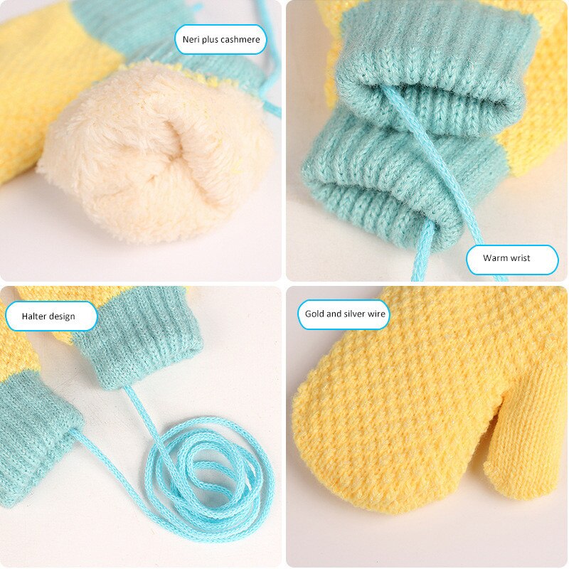 Los niños guantes de bebé guantes de lana de Merino bebé guante de terciopelo engrosamiento cálido caramelo lindo colgante de Color cuello chico guantes suaves