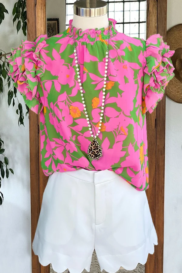 Bluse med flæser og bladprint og lagdelt top: M