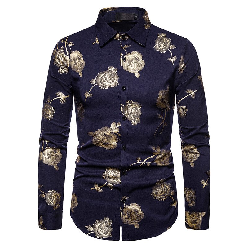 Blommiga skjortor för män manlig slim fit långärmad skjorta män svart vit blomtryck business casual skjortor s -2xl: Marinblå / L