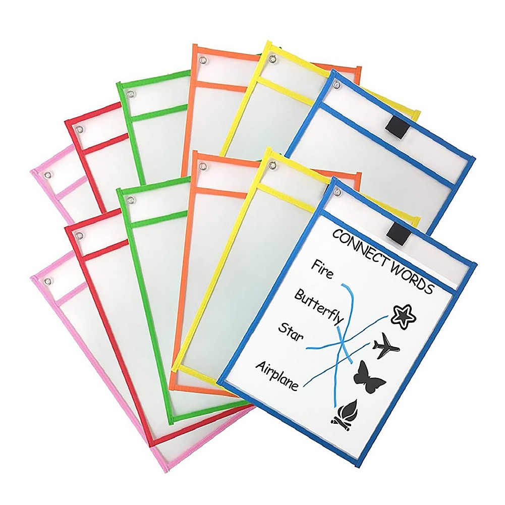 12pcs Reusable Dry Erasable Pockets Transparent Write And Wipe Drawing Board Dry Brush Bag File Pocket For Teaching Kids Pastels: Default Title