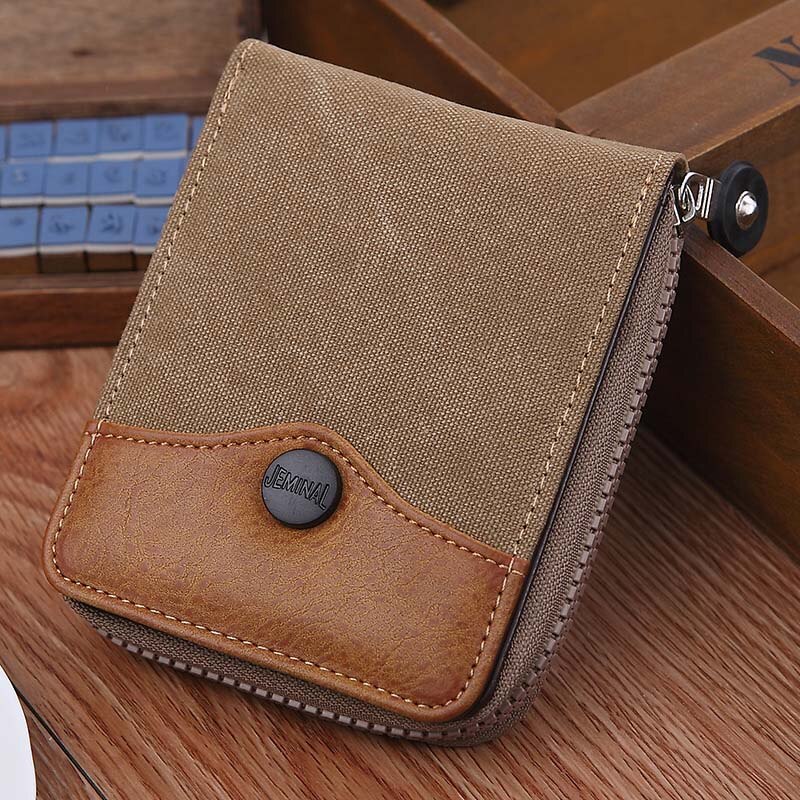 Portefeuille Cowboy en toile pour hommes, porte-monnaie de grande capacité, court, Vintage, avec poche à monnaie, fermeture éclair,: Apricot