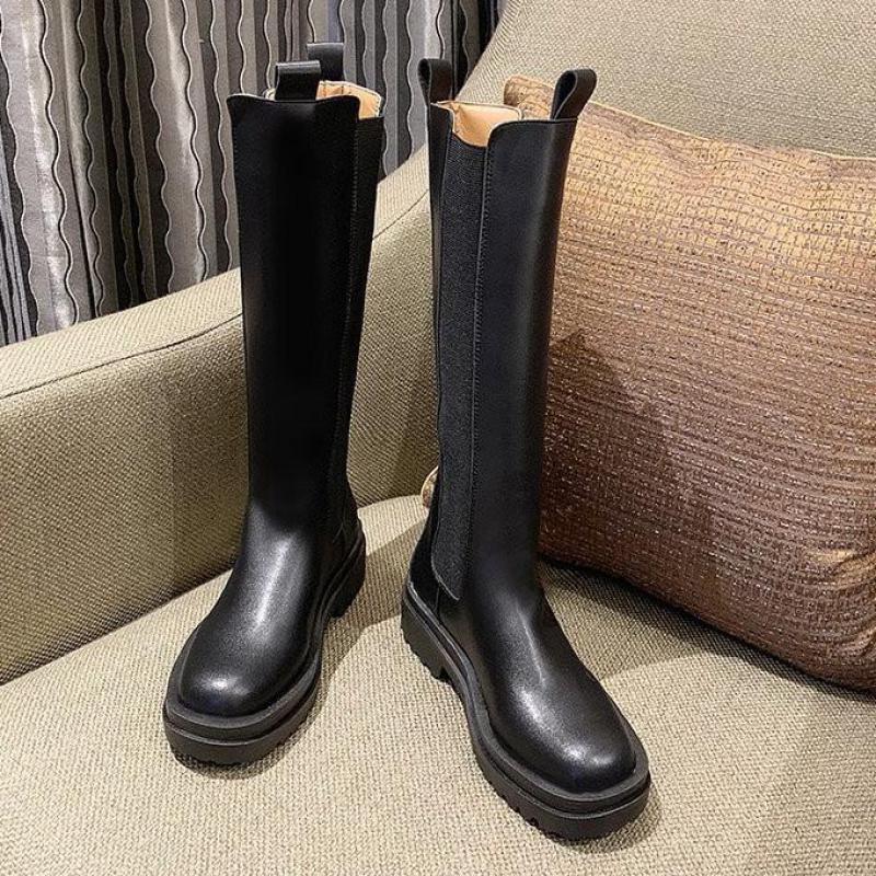 Pu läder plattform knähöga stövlar kvinnor svarta chunky långa chelsea boots kvinna slip on höst bota feminina