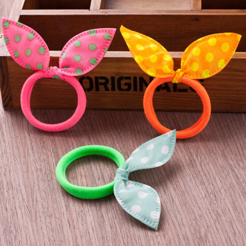 10PCS/Lot Gilrs Hair Rope Solid Satin Cloth Scrunchie Elastic Bow Kids Cute Rabbit Ear Ponytail Holder Accessories