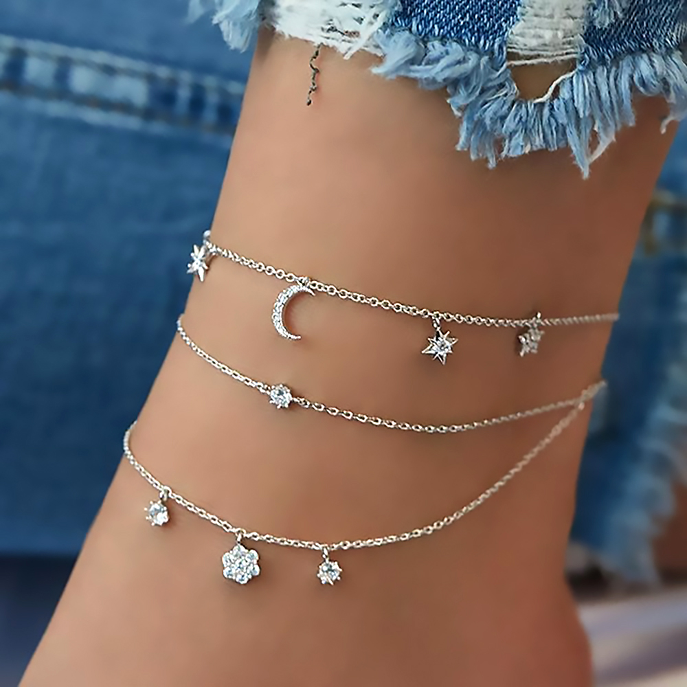 FNIO-Conjunto de tobilleras con dijes bohemios para mujer, pulsera de tobillo con luna y estrella en la pierna, cadena de pie, joyería de playa femenina: PLATEADO