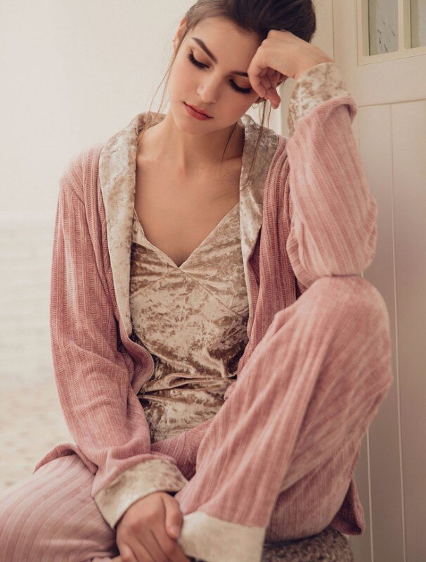 Autumn Winter Women's Thicken Velvet Pajamas Three-piece Leisurewear Knitting Sleepwear Warm Nightwear