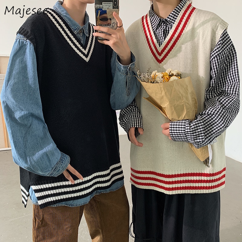Herr tröja väst v-hals print lösa trendiga harajuku män student fritid chic sida split enkla outwear varm mjuk
