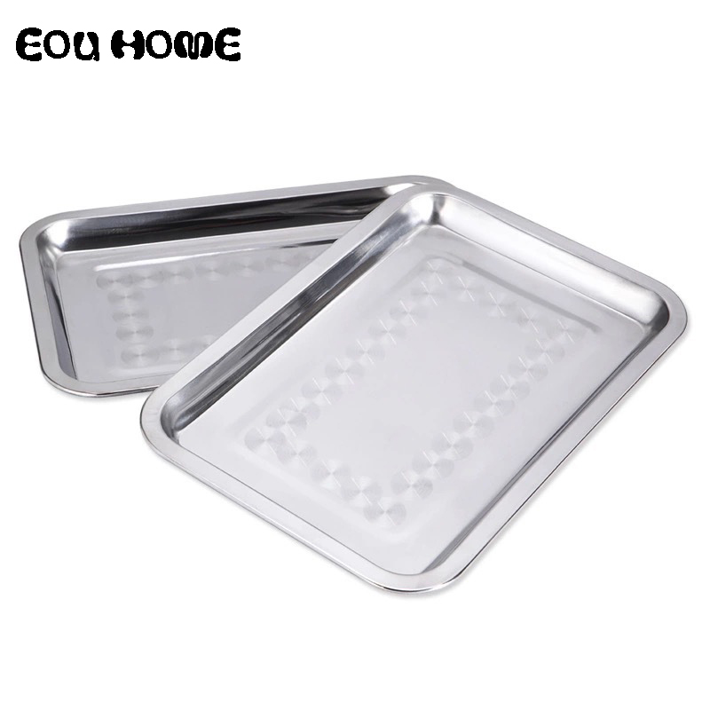 32*22Cm Dikke Lange Vierkante Zilveren Roestvrij Staal Bbq Accessoires Barbecue Voedsel Lade Vlakke Bodem Outdoor Camping Bbq huishouden