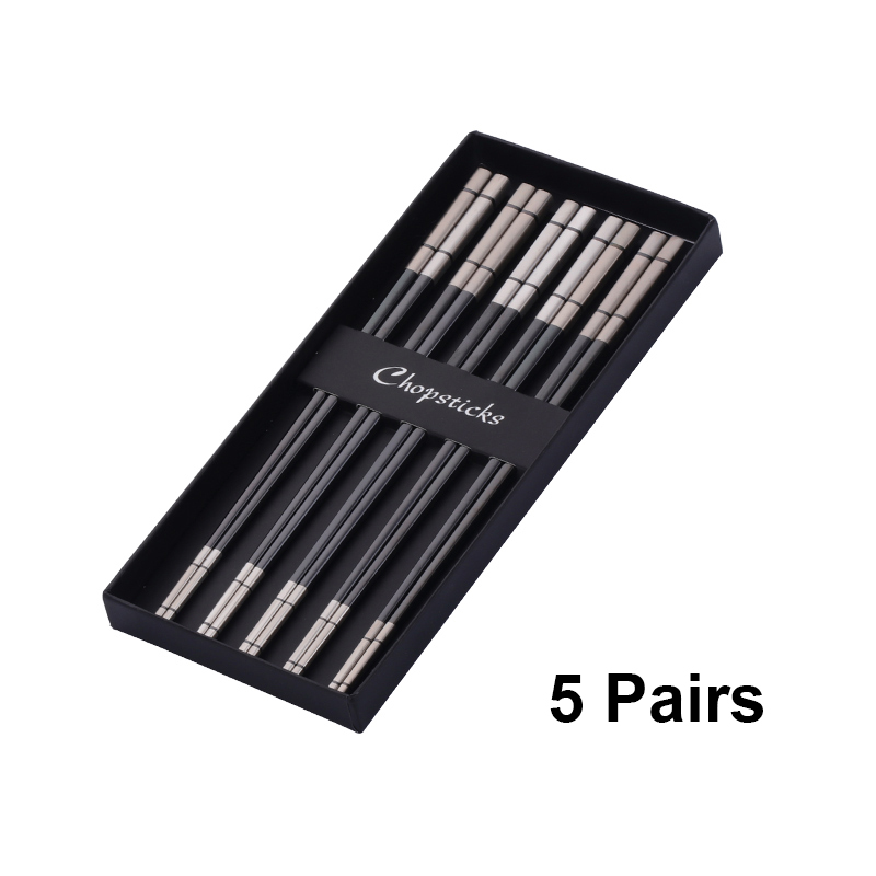 Baguettes chinoises de luxe en acier inoxydable, 5 paires, baguettes à Sushi réutilisables en titane doré avec boîte, bâtons alimentaires en métal: GRIS