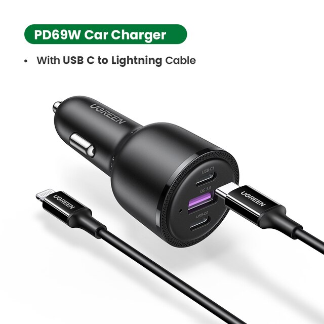 UGREEN 69W Car Charger USB Type C Dual Port PD QC Fast Charging For Laptop Car Phone Charger For iPhone 13 12 Pro Samsung Xiaomi: Add C to L Cable