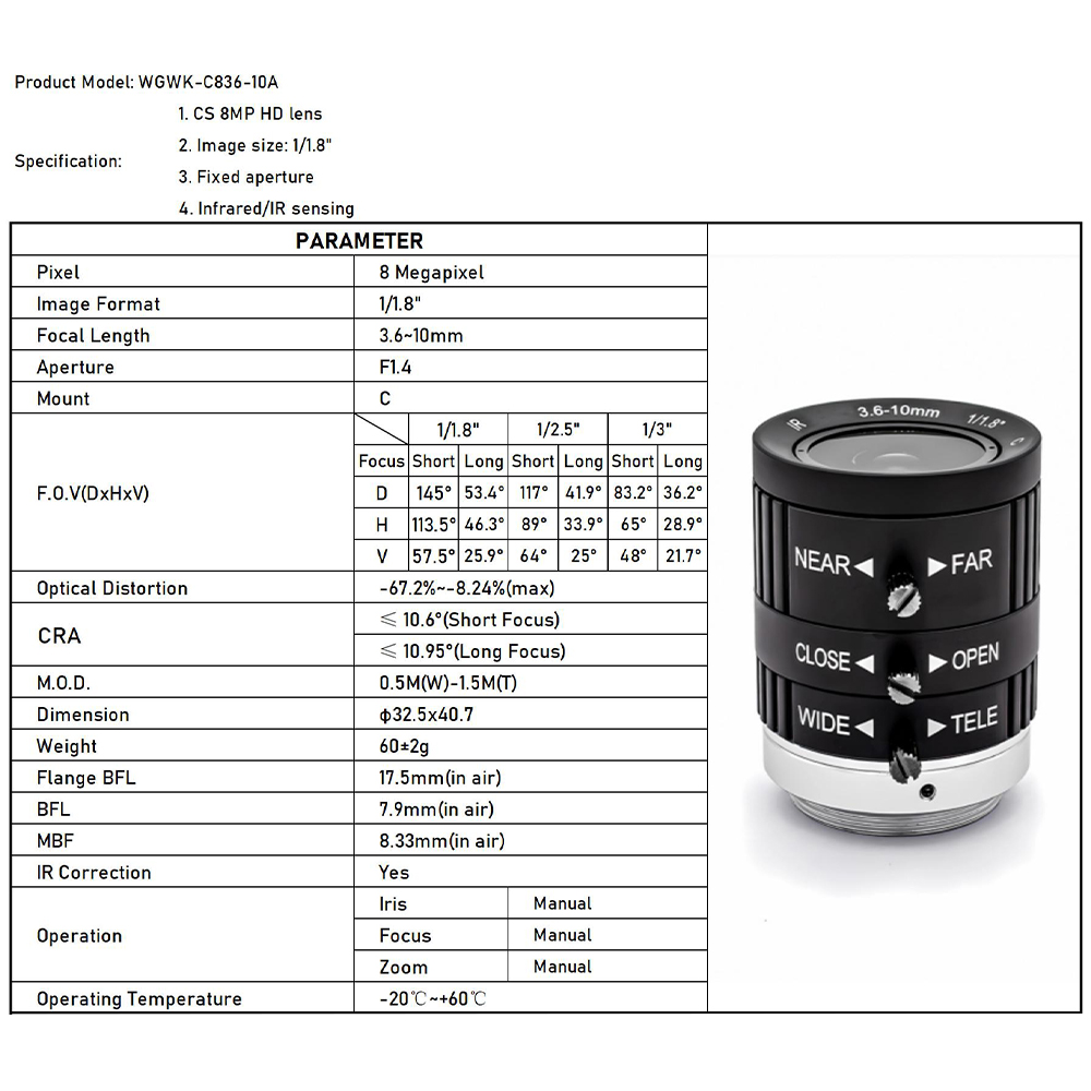 WGWK 4K 12MP CS Mount CCTV Lens 1/1.8" Format Manual Iris 5-50mm Industrial Zoom Lens For Machine Vision Surveillance IP Camera