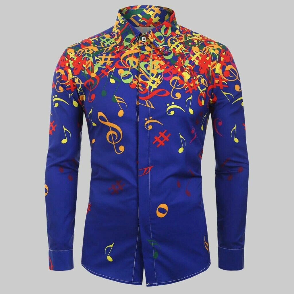 Men Casual Novelty Musical Note Pattern Long Sleeves Shirt Top Blouse for Party NIN668: Blue / S