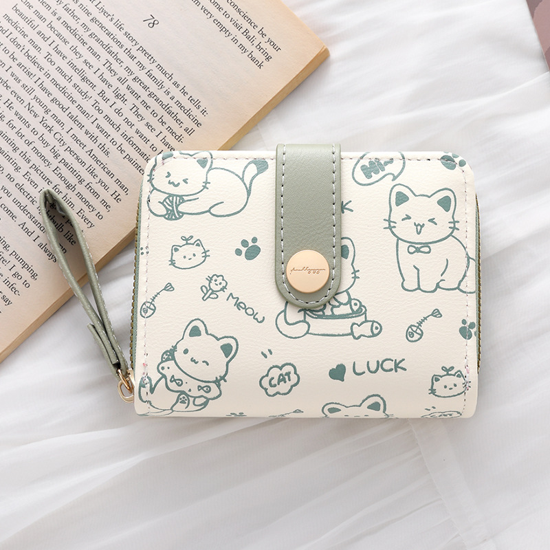 Minimalist Cute Cat Wallet Women Japanese Style Snap Closure Coin Pocket Hand Strap Multi-Function: Blue