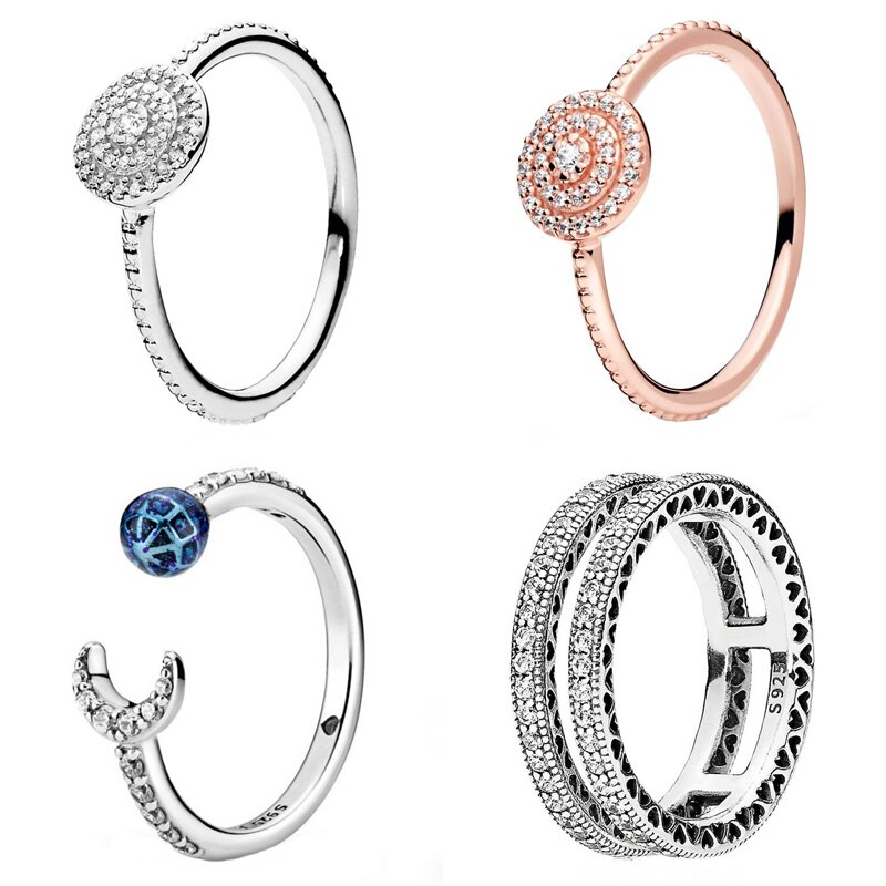 Authentische 925 Sterling Silber Ring Rose Doppel Herzen Elegante Sparkle Mit Kristall Für Frauen DIY Schmuck