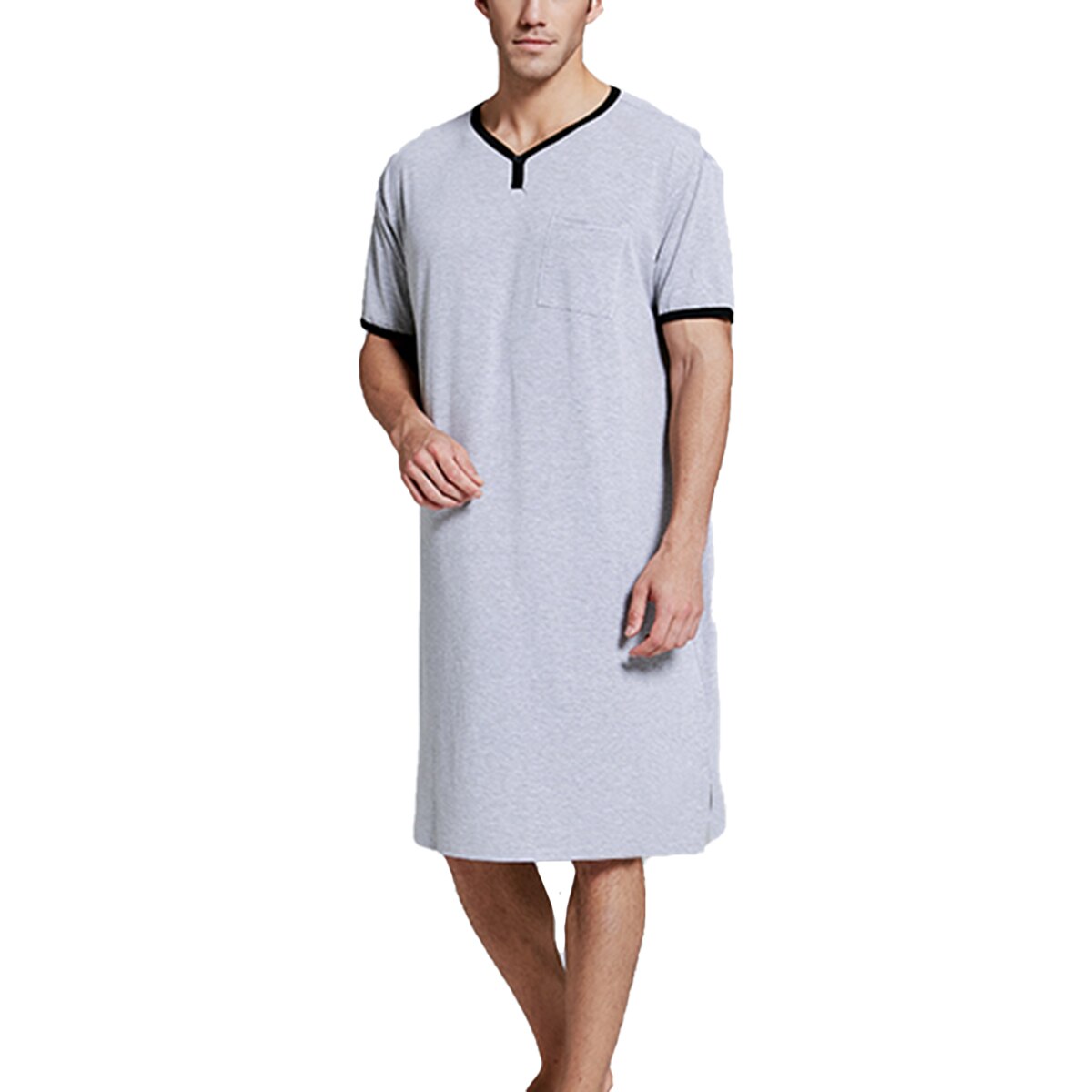 Robe de nuit en coton à manches courtes pour hommes, Vintage, pyjama, col rond, poches, couleur unie, Kaftan, Robes de bain, vêtements pour la maison, M-3XL: GRIS / XXXL