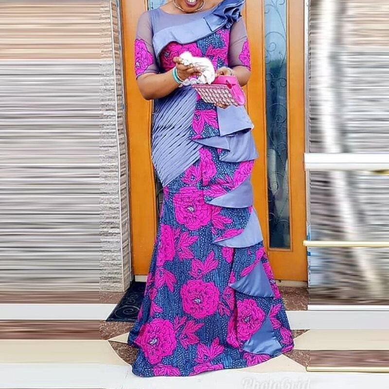 Sydafrikanske print kjole kvinder flæser flora robe africaine femme bodycon maxi havfrue kjole afrika tøj efterår vinter