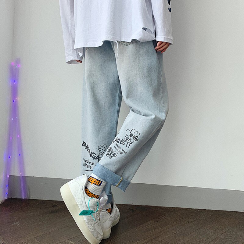 ZAZOMDE Jeans Men Hip Hop Style Denim Pants Graffiti Letter Print Men Jeans Patch Baggy Casual Trouser Hipster Jeans Streetwear
