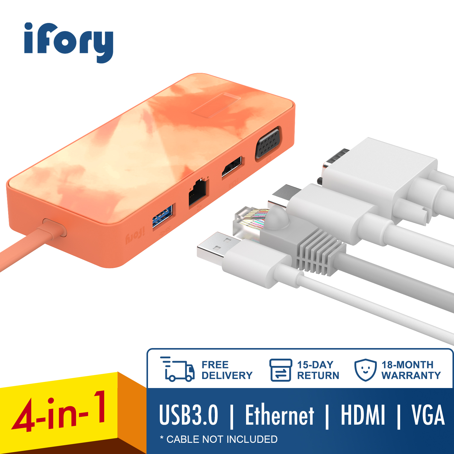 Ifory Type C Hub, Usb C Adapter Met Hdmi/Vga, Ethernet, usb 3.0 Voor Macbook Pro Air Dock Type-C Poorten Splitter Hab: Orange