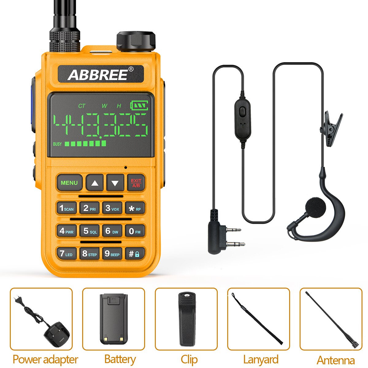 ABBREE-walkie-talkie de banda aérea AR-518, Radio de 2 vías con pantalla integrada, frecuencia de copia inalámbrica de 108 &quot;, 660-1,77 MHz: Yellow headset